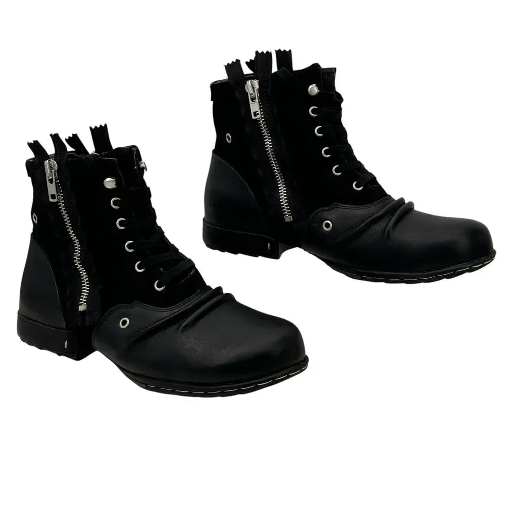OTTO ZONE Moto Leather Suede Boots Men's 10 Black Streetwear Double Zip Biker